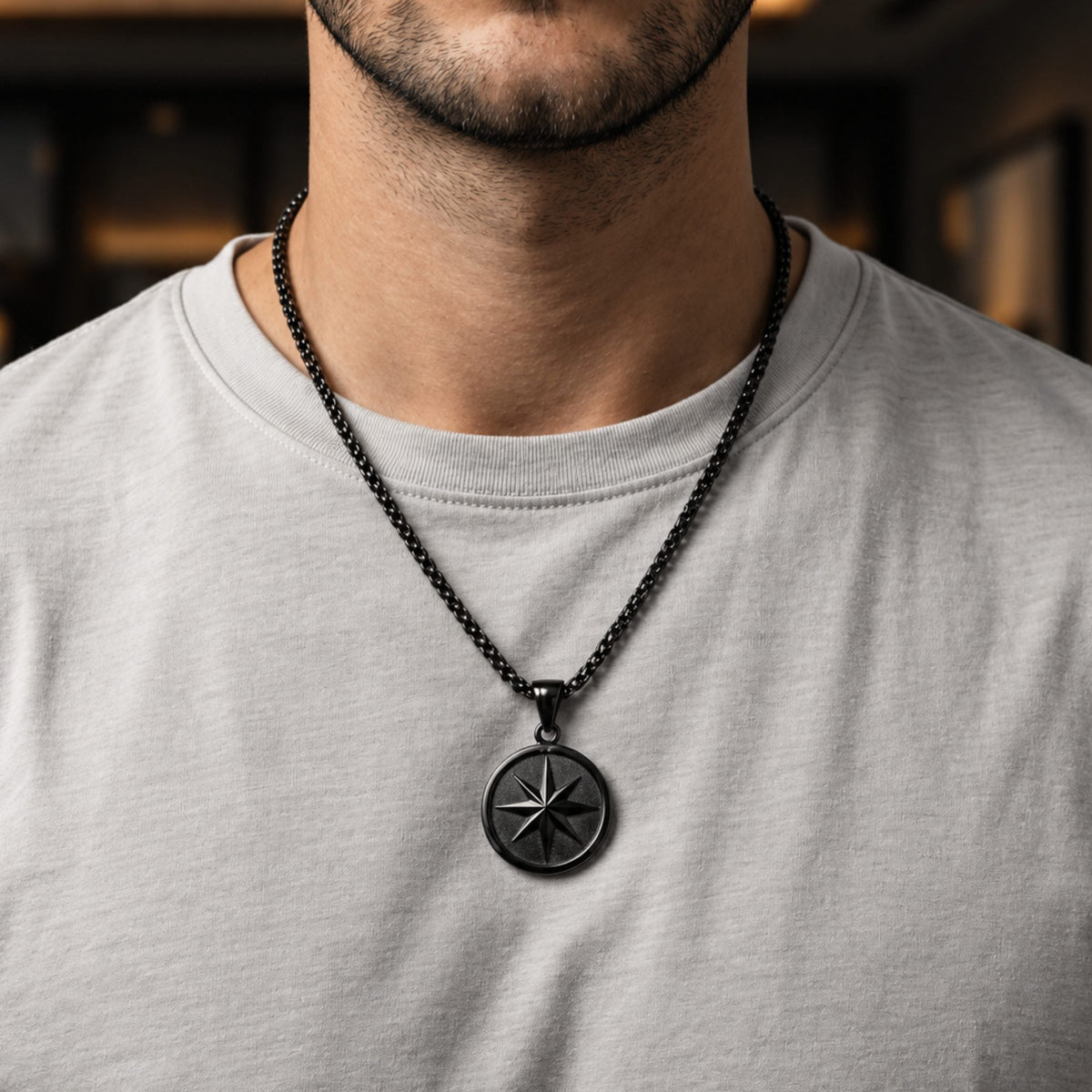 THE MEN THING SS Pendant/ Necklace COSMIC BLACK STAR - 28mm Titanium Steel Pendant with 24inch Round Box 5mm Chain for Men & Boys