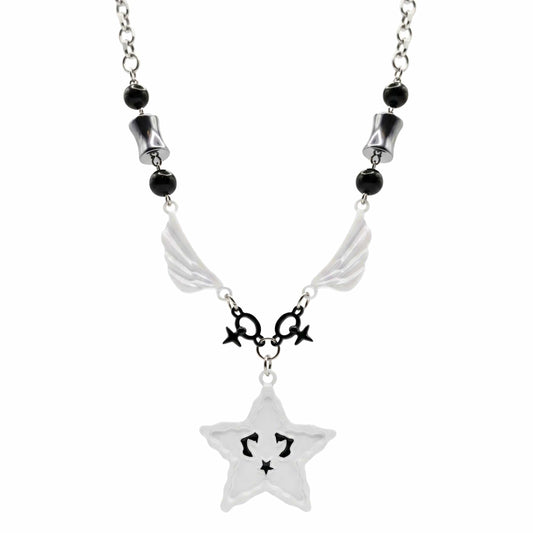 COSMIC WING STAR titanium steel star pendant necklace with white wing accents and adjustable chain for men and boys.