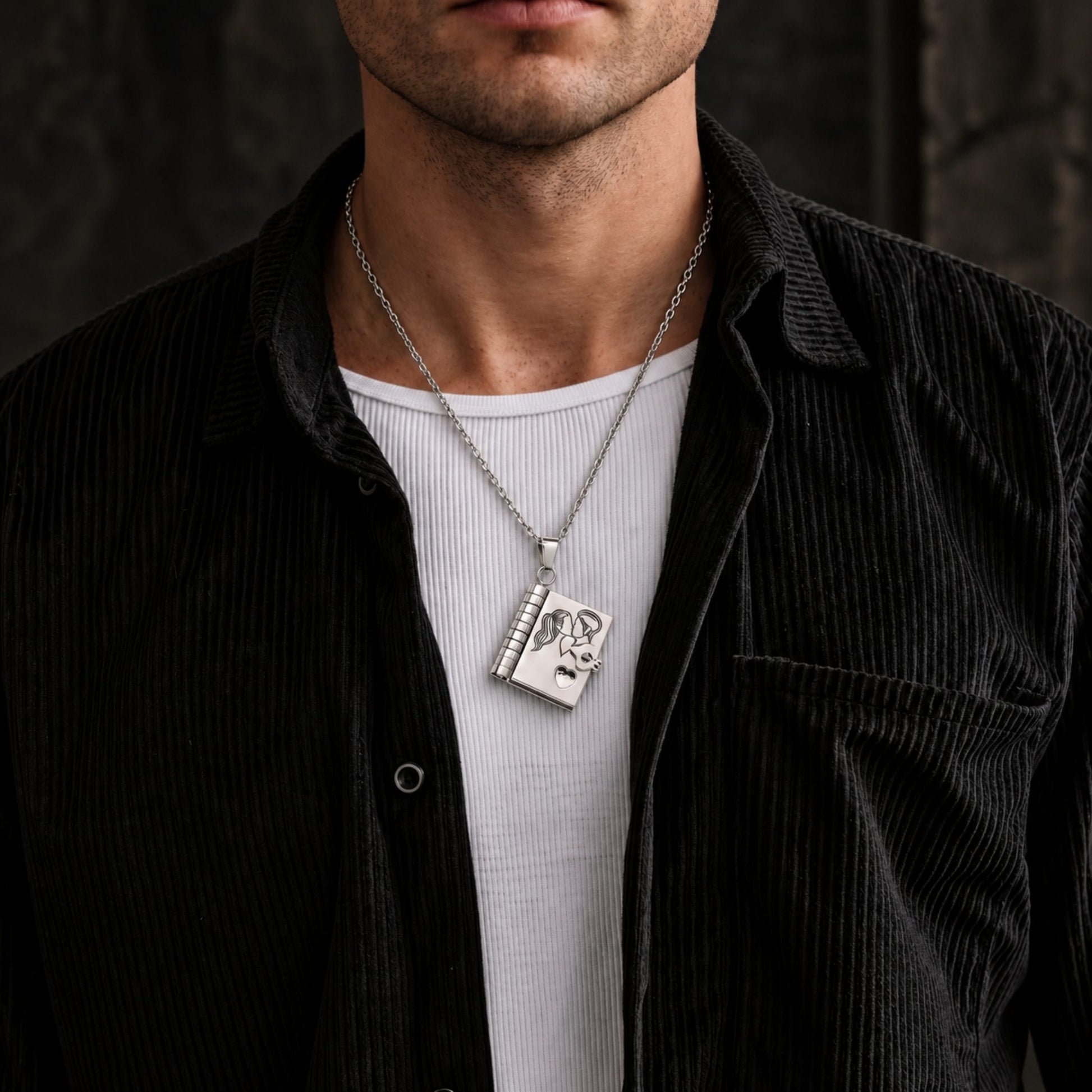 THE MEN THING SS Pendant/ Necklace COUPLE DIARY - STEEL - 18mm Pure Titanium Steel Pendant with 3mm Chain for Men & Boys (17 to 19 inch Adjustable Cable Chain)