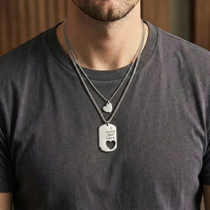 THE MEN THING SS Pendant/ Necklace COUPLE DOG TAG HEART - Pure Titanium Steel Pendant with 24inch Chain for Men & Boys