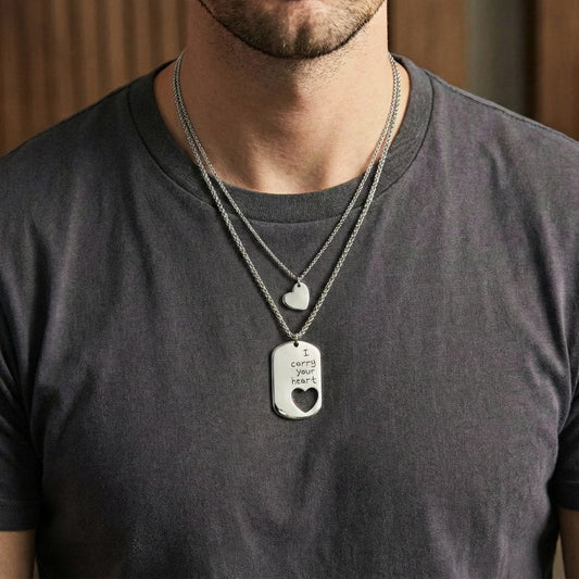 THE MEN THING SS Pendant/ Necklace COUPLE DOG TAG HEART - Pure Titanium Steel Pendant with 24inch Chain for Men & Boys