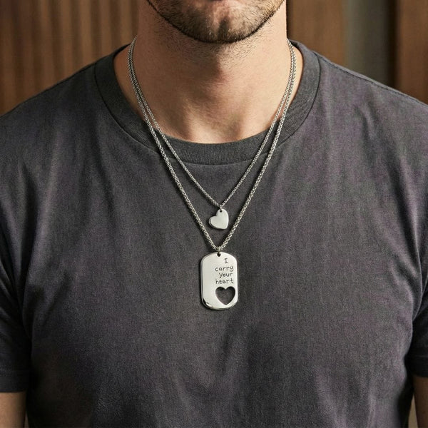 COUPLE DOG TAG HEART - Pure Titanium Steel Pendant with 24inch Chain for Men & Boys