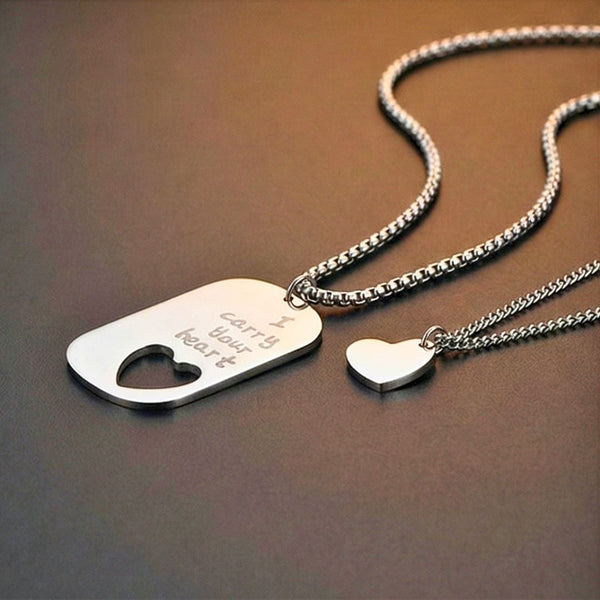 COUPLE DOG TAG HEART - Pure Titanium Steel Pendant with 24inch Chain for Men & Boys
