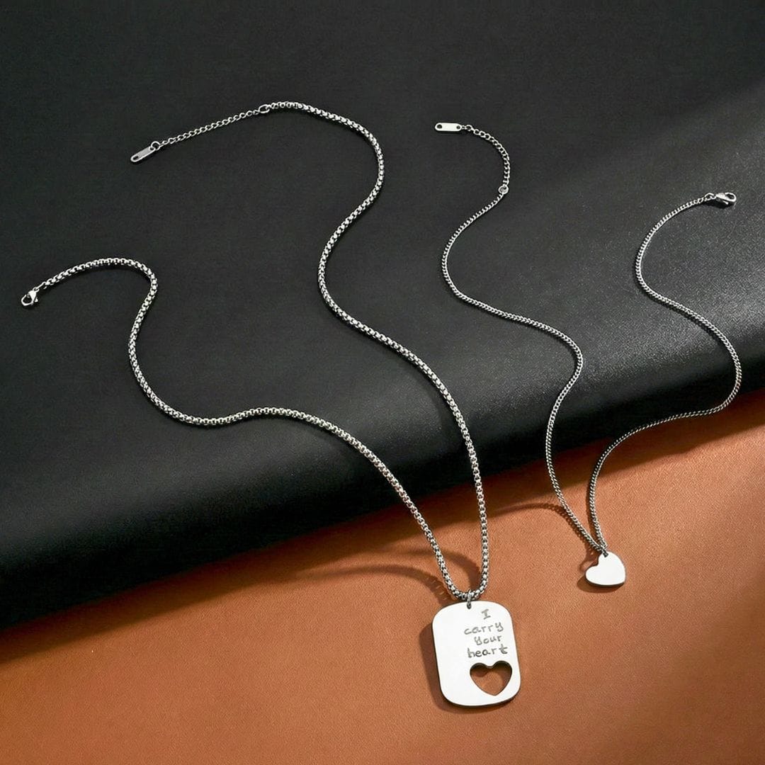 THE MEN THING SS Pendant/ Necklace COUPLE DOG TAG HEART - Pure Titanium Steel Pendant with 24inch Chain for Men & Boys