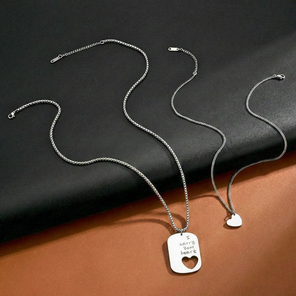 COUPLE DOG TAG HEART - Pure Titanium Steel Pendant with 24inch Chain for Men & Boys