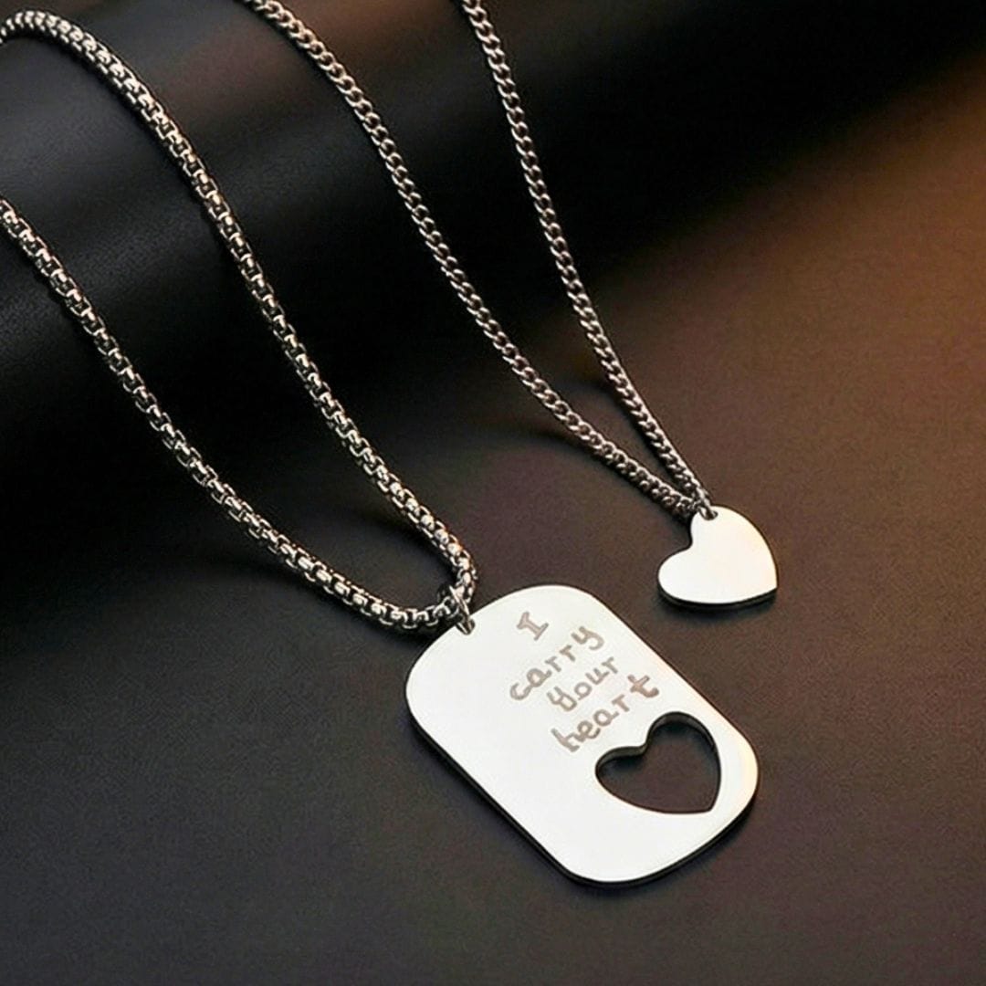 THE MEN THING SS Pendant/ Necklace COUPLE DOG TAG HEART - Pure Titanium Steel Pendant with 24inch Chain for Men & Boys