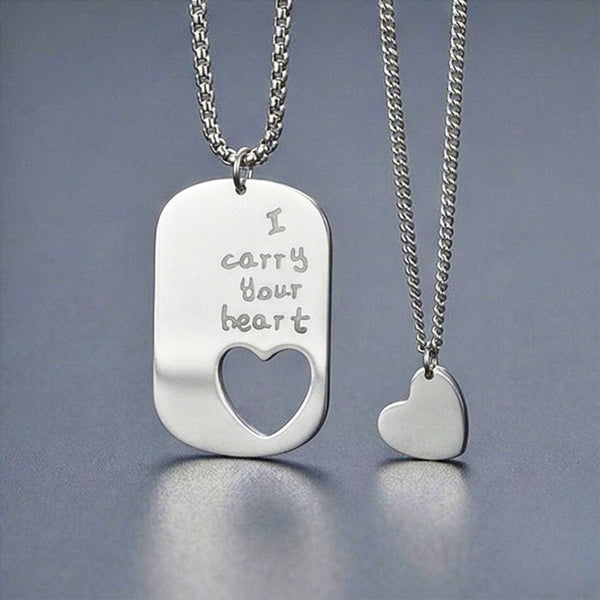 COUPLE DOG TAG HEART - Pure Titanium Steel Pendant with 24inch Chain for Men & Boys