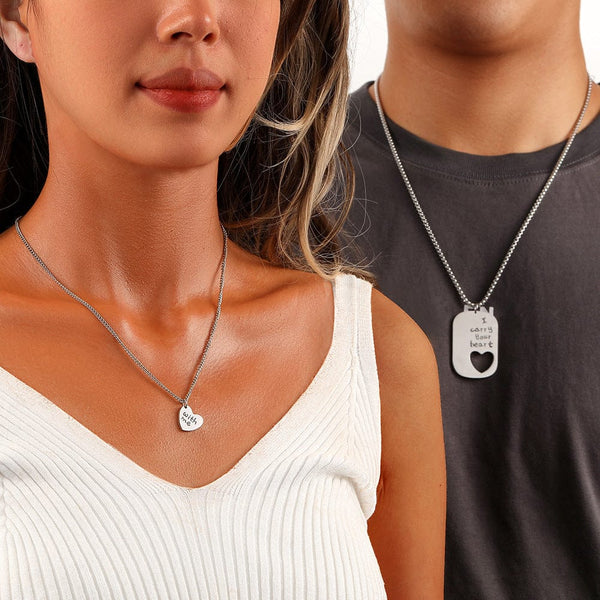 COUPLE DOG TAG HEART - Pure Titanium Steel Pendant with 24inch Chain for Men & Boys