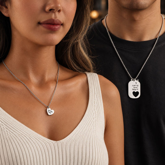THE MEN THING SS Pendant/ Necklace COUPLE DOG TAG HEART - Pure Titanium Steel Pendant with 24inch Chain for Men & Boys