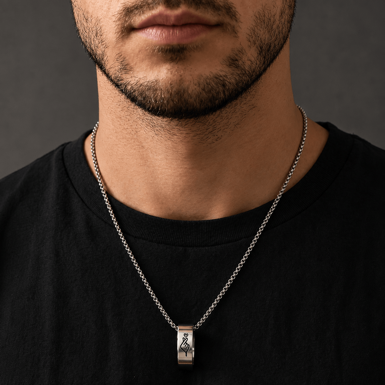 THE MEN THING SS Pendant/ Necklace COUPLE FINGER HEART - Titanium Steel Pendant with 24inch Round Box Chain for Men & Boys