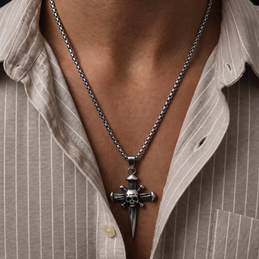 THE MEN THING SS Pendant/ Necklace COVENANT SKULL CROSS - 33mm Pure Titanium Steel Pendant with 27inch Round Box 4mm Chain for Men & Boys
