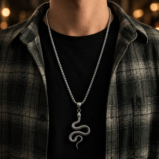 THE MEN THING SS Pendant/ Necklace CRAWLING SNAKE - Pure Titanium Steel Pendant with 24inch Round Box Chain for Men & Boys
