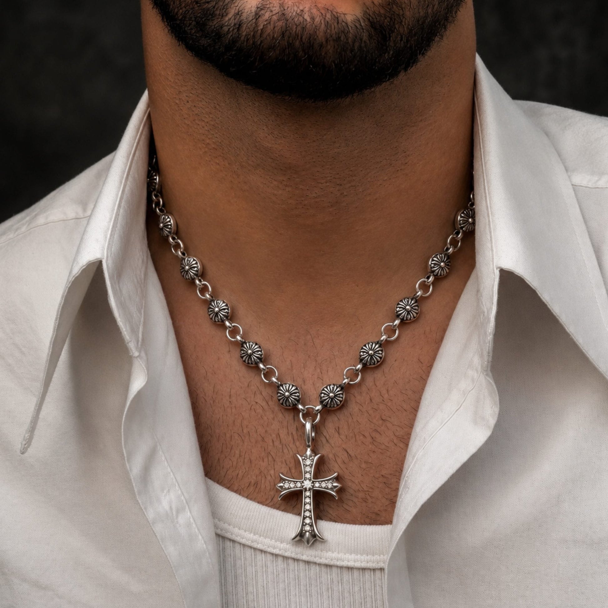 THE MEN THING SS Pendant/ Necklace CROSS BLOOM - 20mm Titanium Steel Pendant with 18inch to 20inch Adjustable Cable Chain for Men & Boys