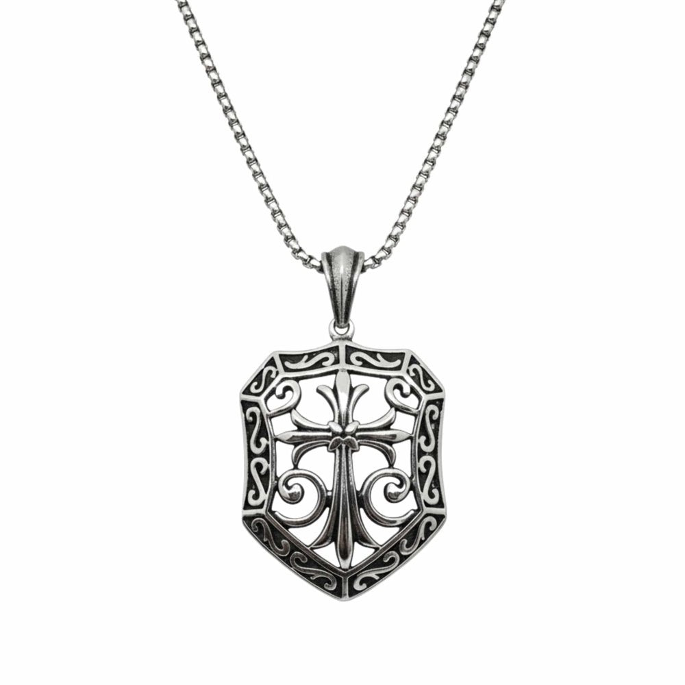 THE MEN THING SS Pendant/ Necklace CRUSADER SHIELD - 40mm Titanium Steel Pendant with 24inch Round Box 5mm Chain for Men & Boys