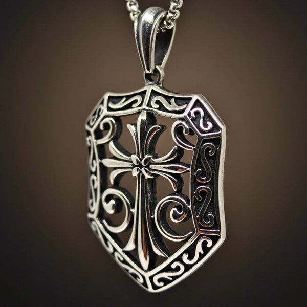 CRUSADER SHIELD - 40mm Titanium Steel Pendant with 24inch Round Box 5mm Chain for Men & Boys