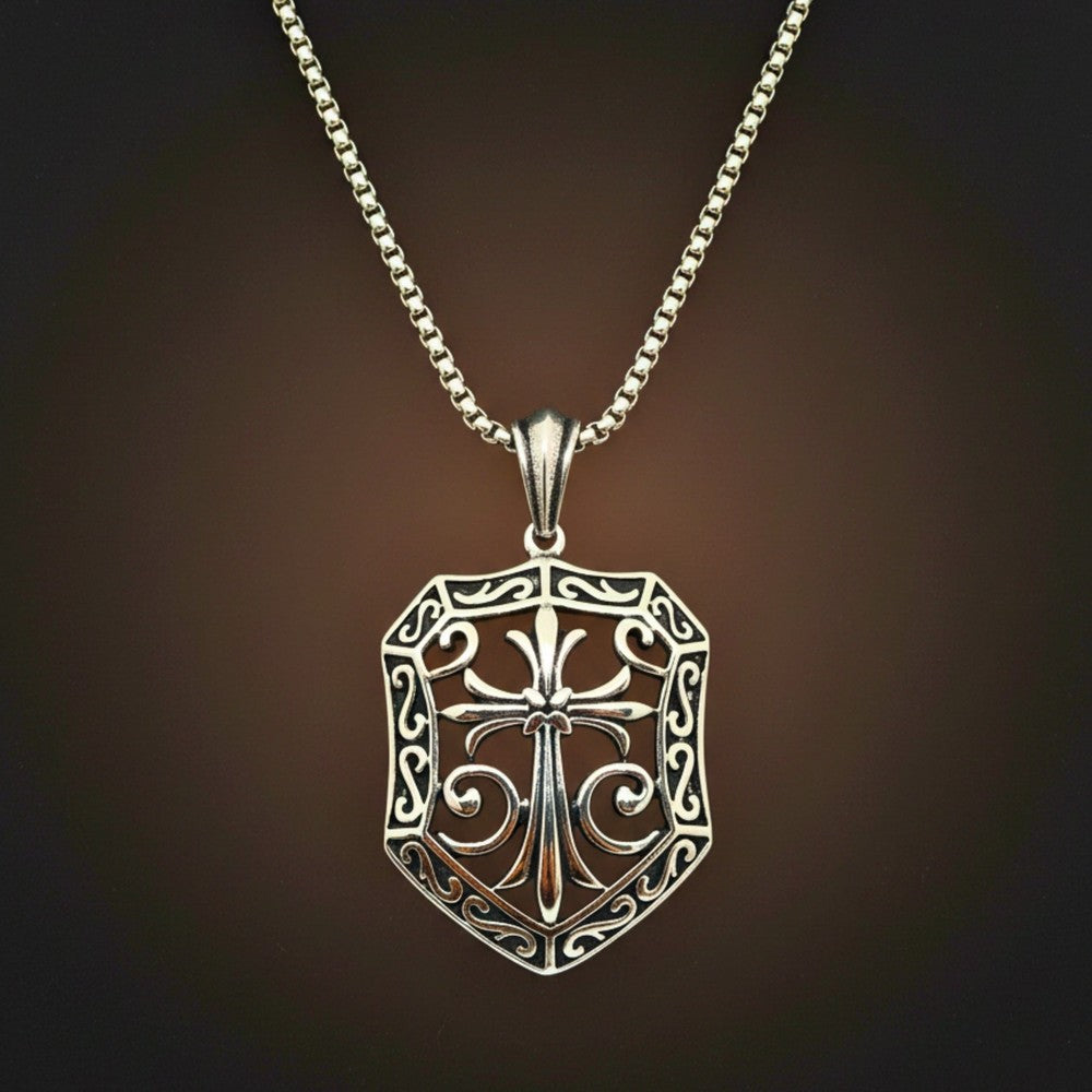 THE MEN THING SS Pendant/ Necklace CRUSADER SHIELD - 40mm Titanium Steel Pendant with 24inch Round Box 5mm Chain for Men & Boys