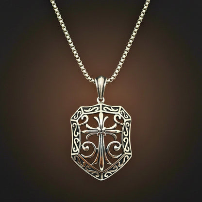 THE MEN THING SS Pendant/ Necklace CRUSADER SHIELD - 40mm Titanium Steel Pendant with 24inch Round Box 5mm Chain for Men & Boys