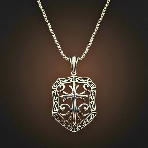 CRUSADER SHIELD - 40mm Titanium Steel Pendant with 24inch Round Box 5mm Chain for Men & Boys