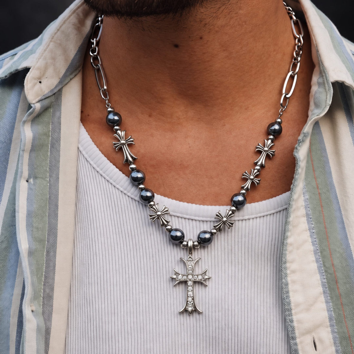 THE MEN THING SS Pendant/ Necklace CRUX BEADLINE - 20mm Pure Titanium Steel Pendant with 21 to 22inch Adjustable Cube 9mm Chain for Men & Boys
