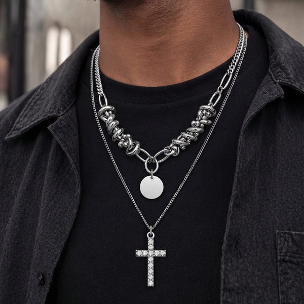 CRYSTAL CROSS - 13mm Titanium Steel Pendant with 18inch to 20 inch Adjustable Cable 6mm Chain for Men & Boys