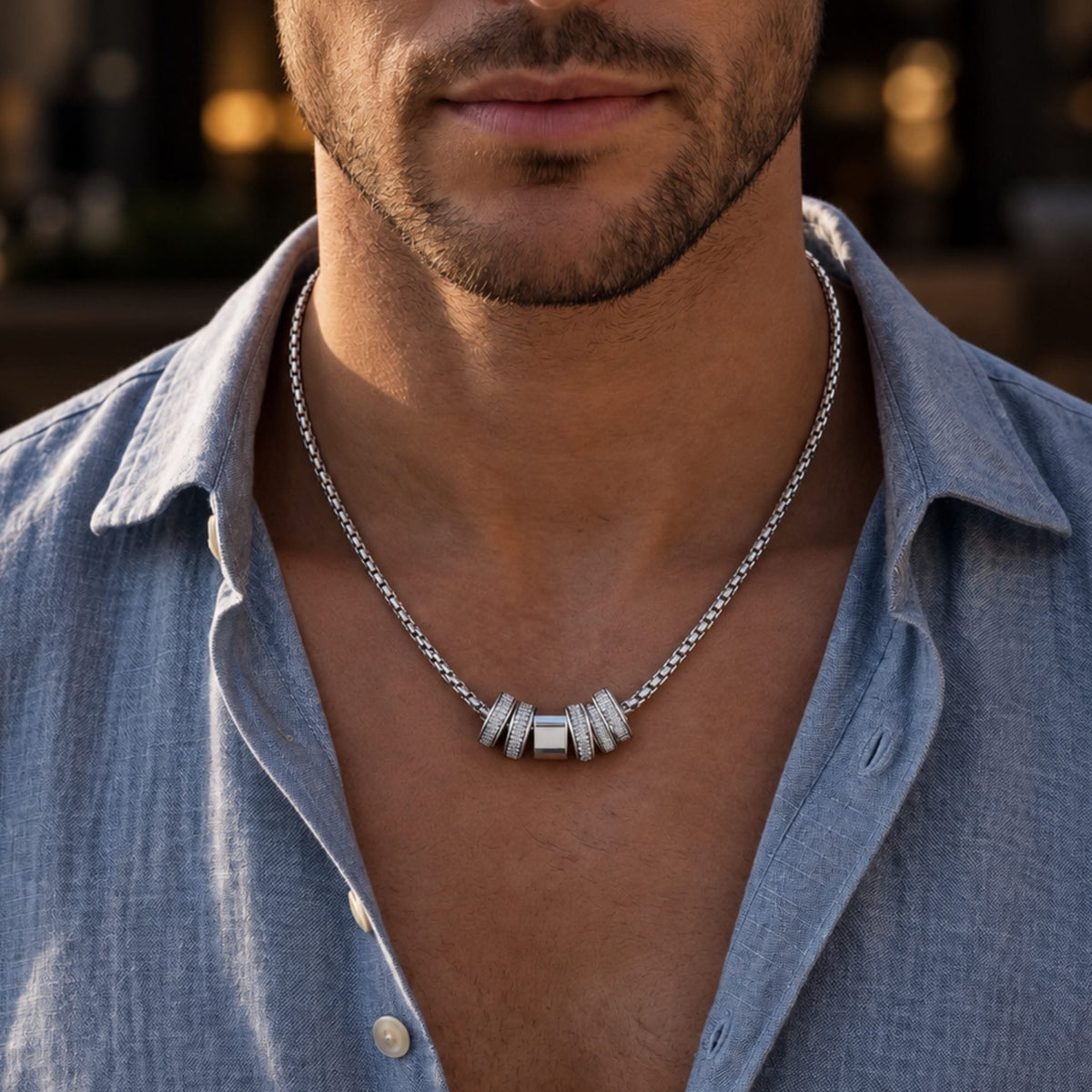THE MEN THING SS Pendant/ Necklace CRYSTAL RING BAR - Pure Titanium Steel Pendant with 16 to18 inch Adjustable Round Box 4mm Chain for Men & Boys