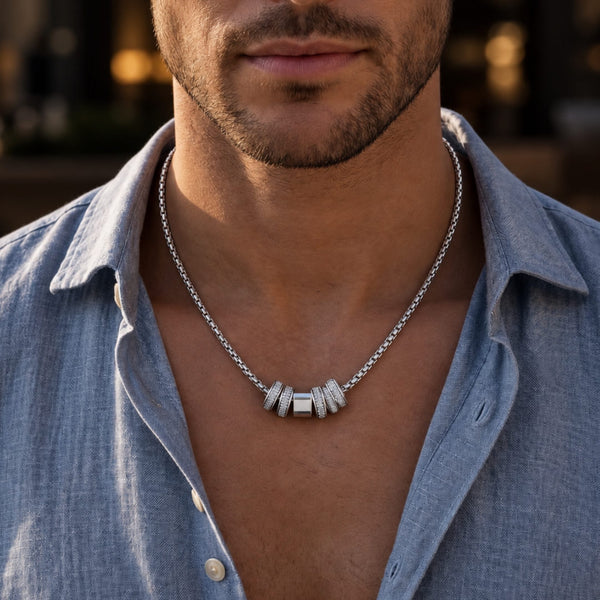 CRYSTAL RING BAR - Pure Titanium Steel Pendant with 16 to18 inch Adjustable Round Box 4mm Chain for Men & Boys