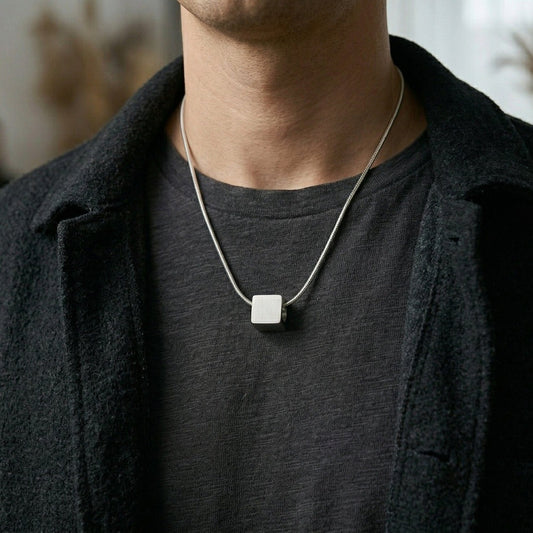 THE MEN THING SS Pendant/ Necklace CUBIX CORE - 10mm Titanium Steel Pendant with 20 to 22inch Adjustable Snake 2mm Chain for Men & Boys