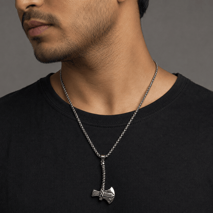 THE MEN THING SS Pendant/ Necklace CURVED AXE -  Alloy Pendant with Stainless Steel 24inch Round Box Chain, Milan trending Style for Men & Boy
