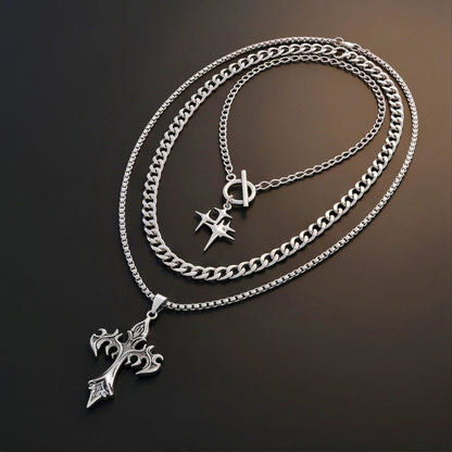 THE MEN THING SS Pendant/ Necklace DARK HALO CROSS - 36mm Titanium Steel Pendant Layered Pendant Necklace for Men & Boys (23inch)