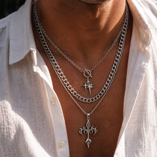 THE MEN THING SS Pendant/ Necklace DARK HALO CROSS - 36mm Titanium Steel Pendant Layered Pendant Necklace for Men & Boys (23inch)