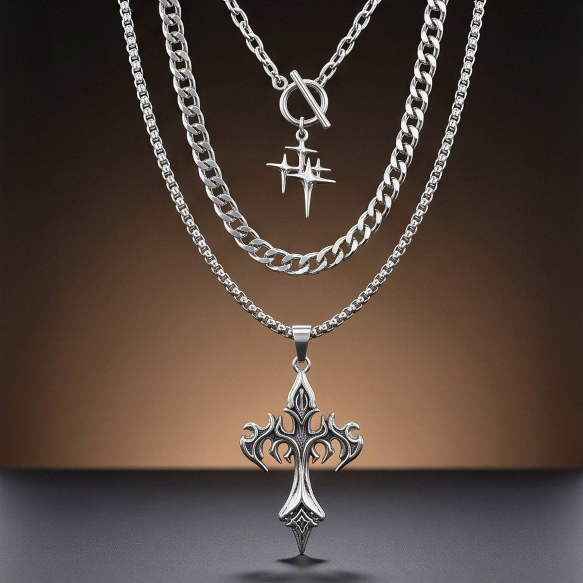 THE MEN THING SS Pendant/ Necklace DARK HALO CROSS - 36mm Titanium Steel Pendant Layered Pendant Necklace for Men & Boys (23inch)