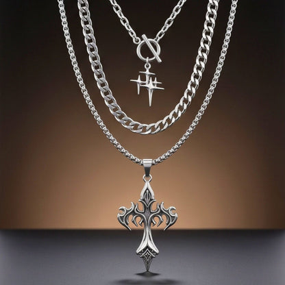 THE MEN THING SS Pendant/ Necklace DARK HALO CROSS - 36mm Titanium Steel Pendant Layered Pendant Necklace for Men & Boys (23inch)