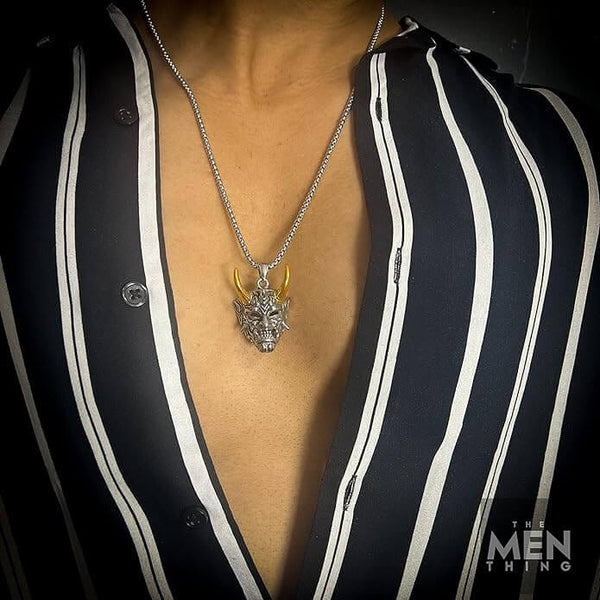 DEAMON MASK (Gold Tone Horn) - Pure Titanium Steel Pendant with 24inch Round Box Chain for Men & Boys