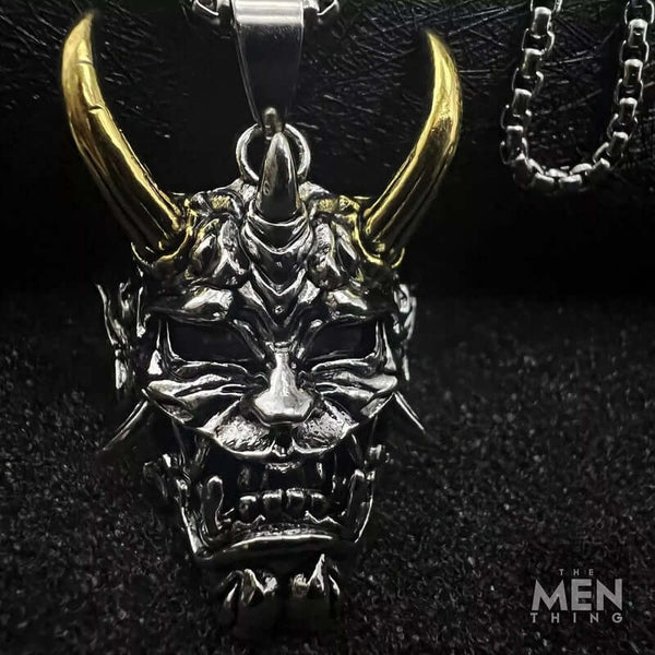 DEAMON MASK (Gold Tone Horn) - Pure Titanium Steel Pendant with 24inch Round Box Chain for Men & Boys