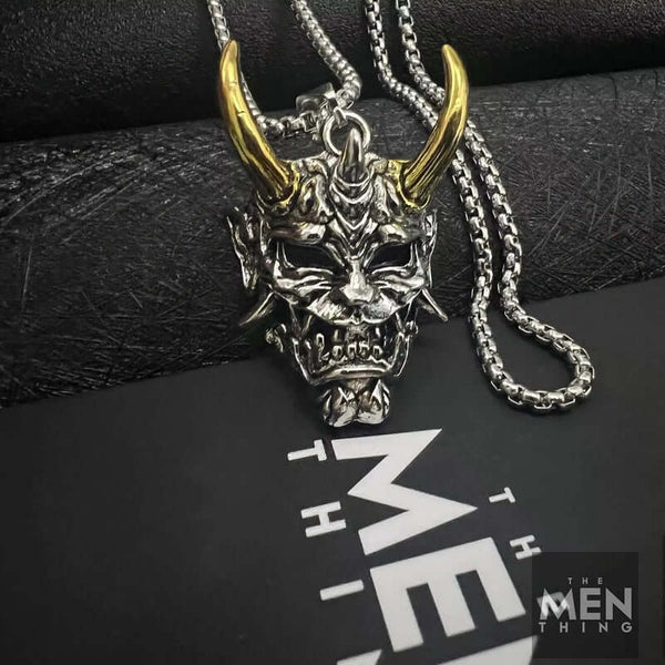 DEAMON MASK (Gold Tone Horn) - Pure Titanium Steel Pendant with 24inch Round Box Chain for Men & Boys