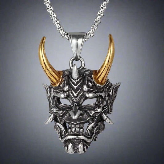 THE MEN THING SS Pendant/ Necklace DEAMON MASK (Gold Tone Horn) - Pure Titanium Steel Pendant with 24inch Round Box Chain for Men & Boys