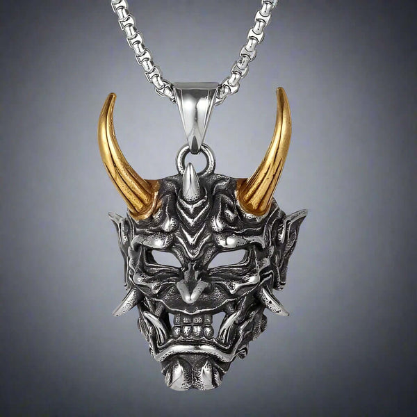 DEAMON MASK (Gold Tone Horn) - Pure Titanium Steel Pendant with 24inch Round Box Chain for Men & Boys