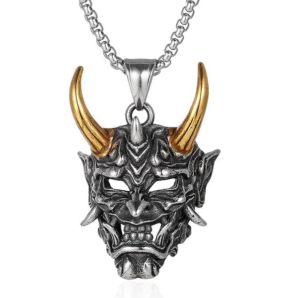 DEAMON MASK (Gold Tone Horn) - Pure Titanium Steel Pendant with 24inch Round Box Chain for Men & Boys