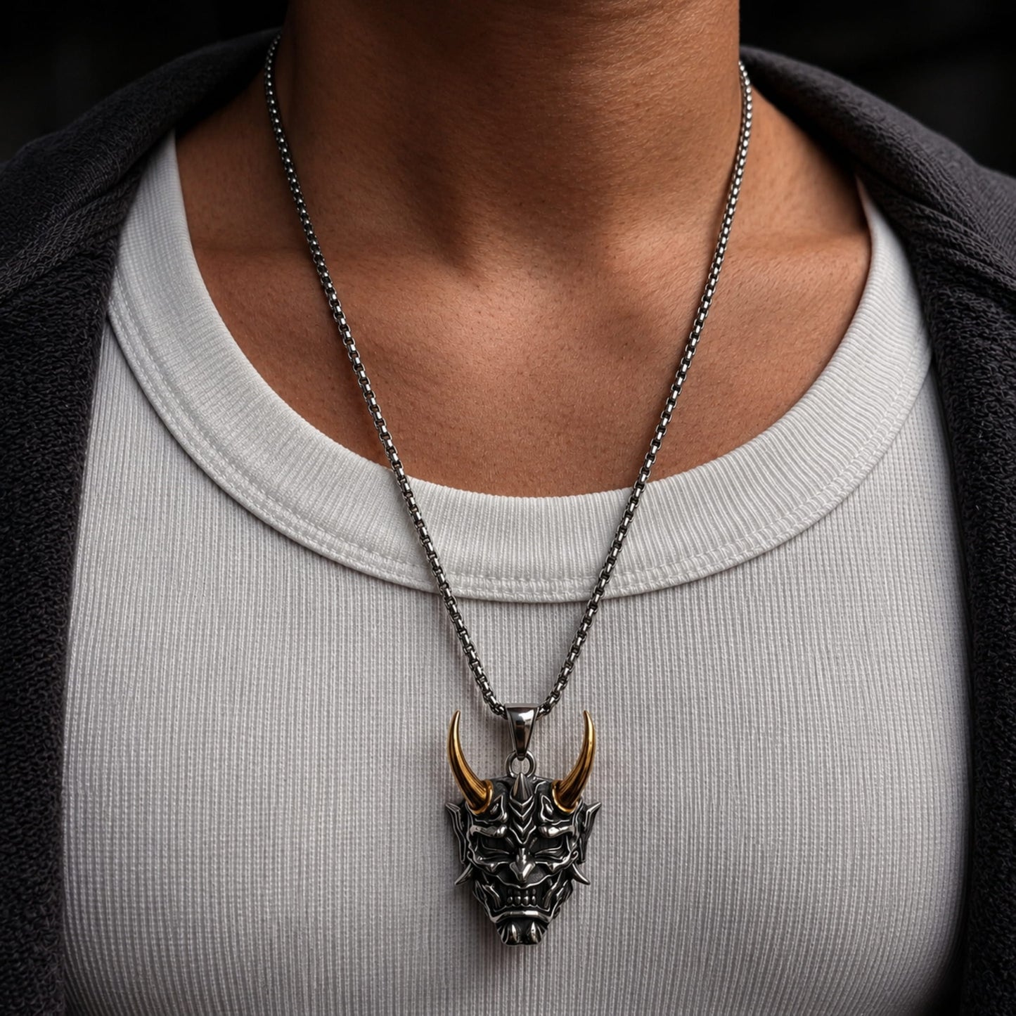 THE MEN THING SS Pendant/ Necklace DEAMON MASK (Gold Tone Horn) - Pure Titanium Steel Pendant with 24inch Round Box Chain for Men & Boys