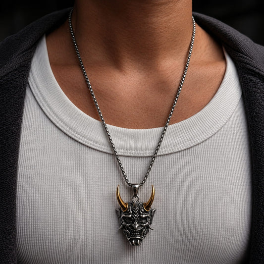 THE MEN THING SS Pendant/ Necklace DEAMON MASK (Gold Tone Horn) - Pure Titanium Steel Pendant with 24inch Round Box Chain for Men & Boys