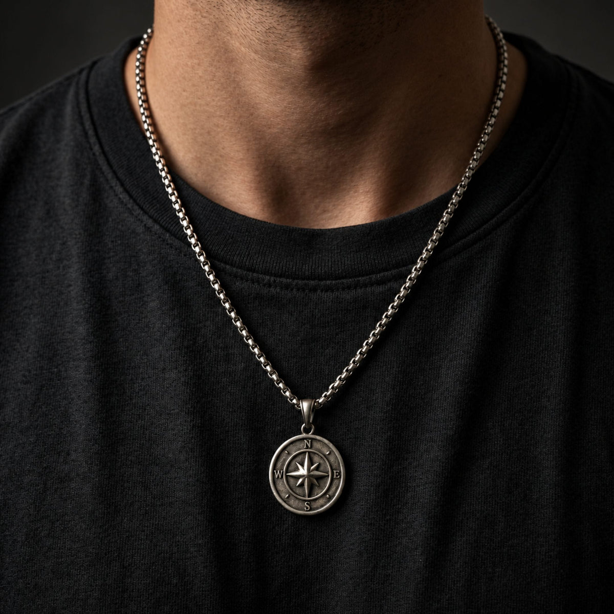 THE MEN THING SS Pendant/ Necklace DIRECTIONAL COMPASS - 28mm Pure Titanium Steel  Pendant with 24inch Round Box 5mm Chain for Men & Boys