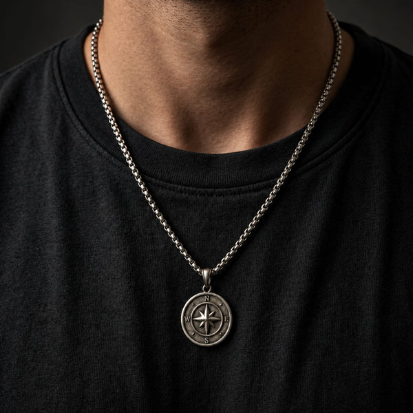 DIRECTIONAL COMPASS - 28mm Pure Titanium Steel  Pendant with 24inch Round Box 5mm Chain for Men & Boys