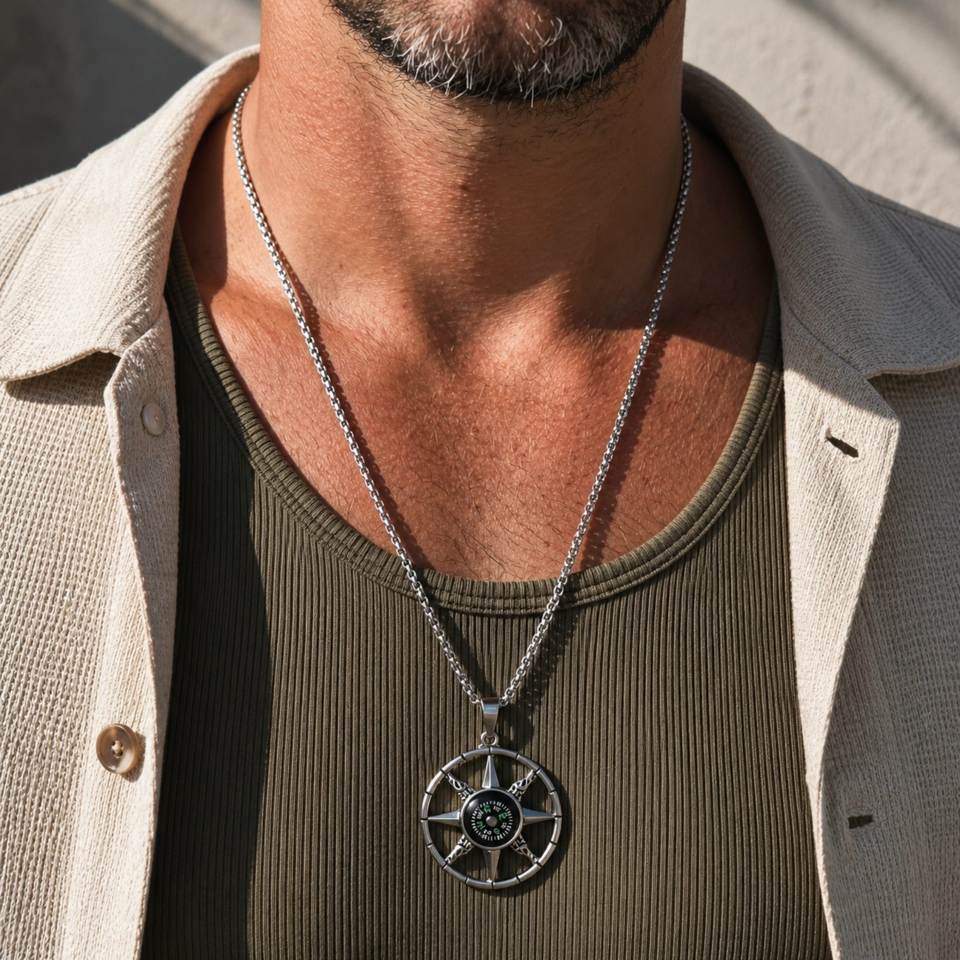 THE MEN THING SS Pendant/ Necklace DIRECTIONAL STAR - Alloy Compass Pendant with Stainless Steel 24inch Round Box Chain, European trending Style for Men & Boys