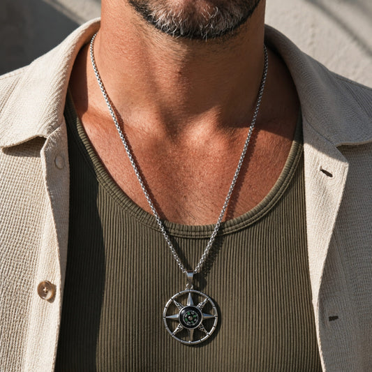 THE MEN THING SS Pendant/ Necklace DIRECTIONAL STAR - Alloy Compass Pendant with Stainless Steel 24inch Round Box Chain, European trending Style for Men & Boys