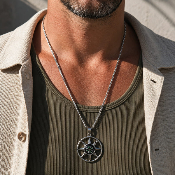 DIRECTIONAL STAR - Alloy Compass Pendant with Stainless Steel 24inch Round Box Chain, European trending Style for Men & Boys