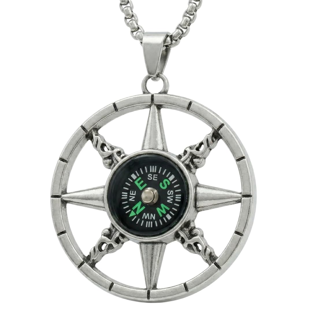 THE MEN THING SS Pendant/ Necklace DIRECTIONAL STAR - Alloy Compass Pendant with Stainless Steel 24inch Round Box Chain, European trending Style for Men & Boys