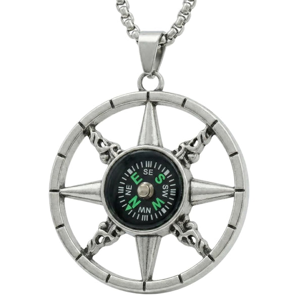 DIRECTIONAL STAR - Alloy Compass Pendant with Stainless Steel 24inch Round Box Chain, European trending Style for Men & Boys