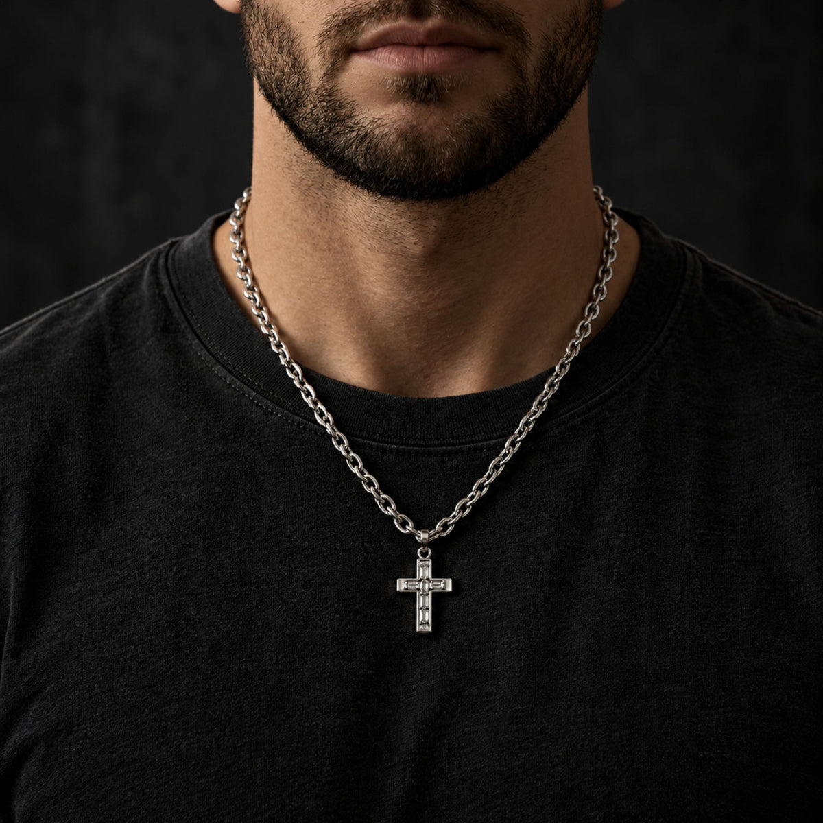 THE MEN THING SS Pendant/ Necklace DOMINUS CROSS - 17mm Titanium Steel Pendant with 20 to 21inch Adjustable Oval 8mm Chain for Men & Boys