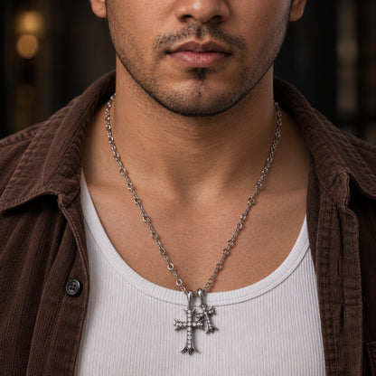 THE MEN THING SS Pendant/ Necklace DOUBLE CROSS ZIRCON - 20mm Titanium Steel Pendant with 17 to 19inch Adjustable 6mm Chain for Men & Boys