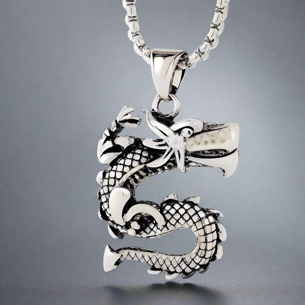 ड्रैगन वॉच - पुरुषों और लड़कों के लिए 24 इंच गोल बॉक्स चेन के साथ शुद्ध टाइटेनियम स्टील पेंडेंट